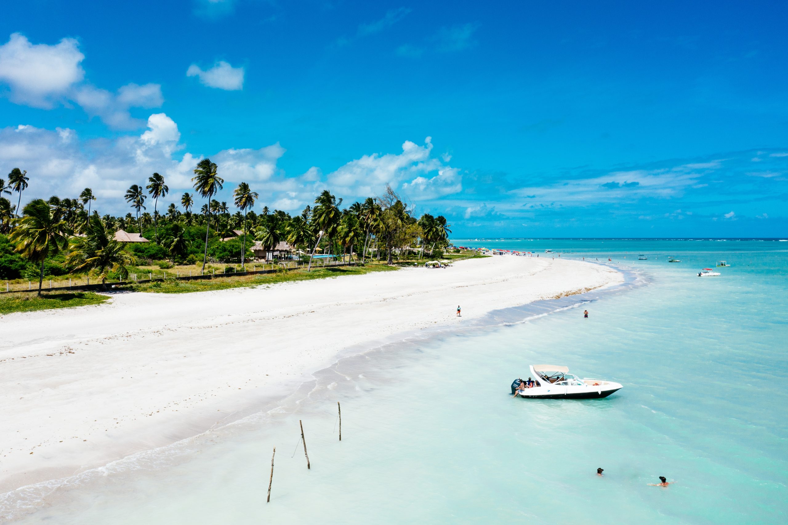 An aerial shot of a clear blue sea with a boat and a forested shore and beach on the side
